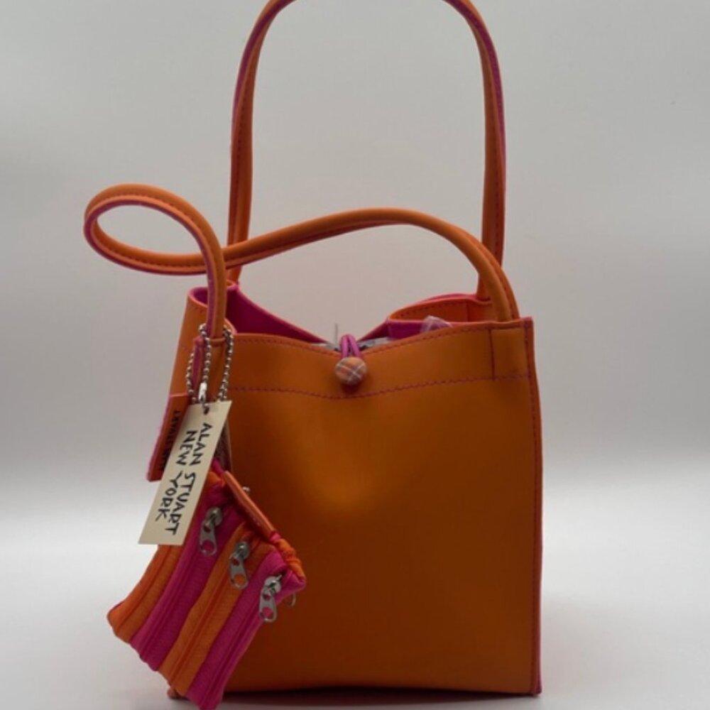 ALLAN STUART NEW YORK ORANGE PINK MINI TOTE BAG WITH ZIP POUCH KEYCHAIN